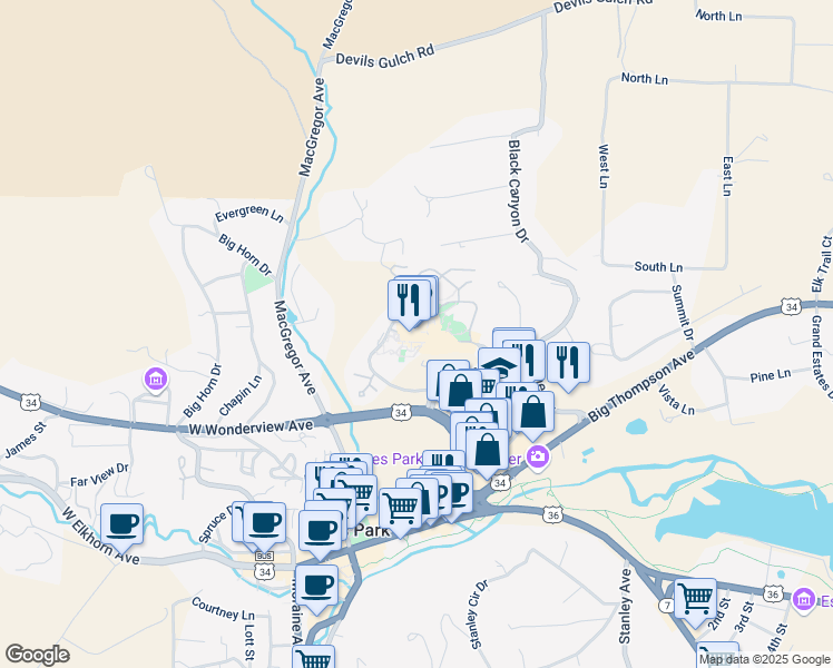 map of restaurants, bars, coffee shops, grocery stores, and more near 333 East Wonderview Avenue in Estes Park