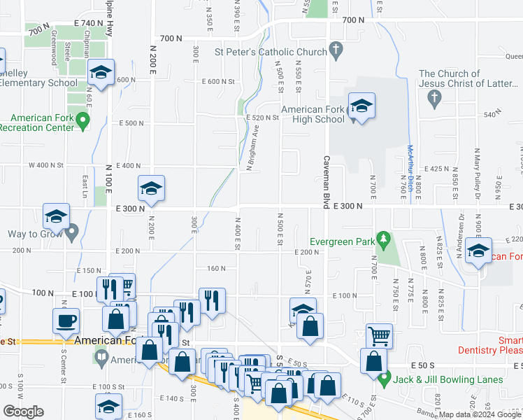 map of restaurants, bars, coffee shops, grocery stores, and more near 460 East 300 North in American Fork