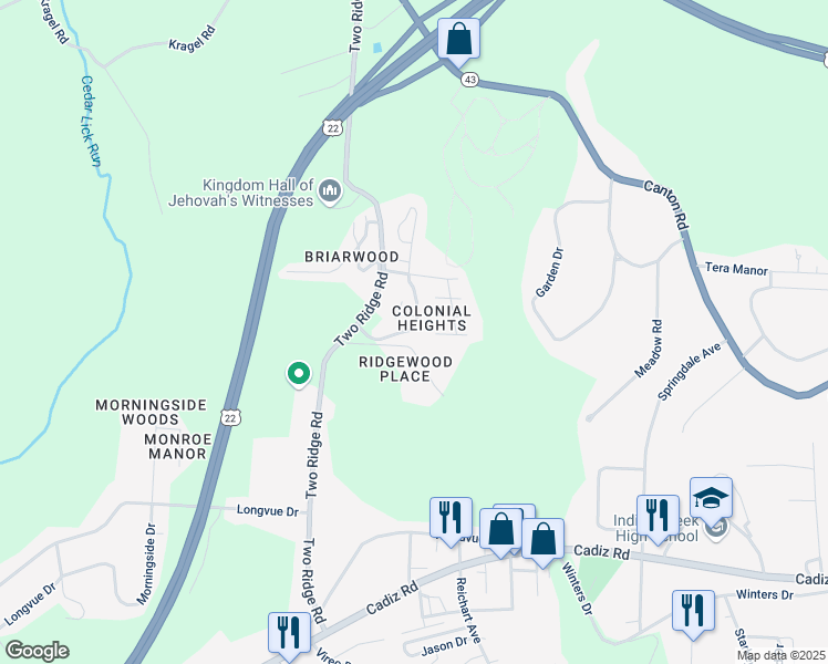 map of restaurants, bars, coffee shops, grocery stores, and more near 86 South Byron Drive in Wintersville