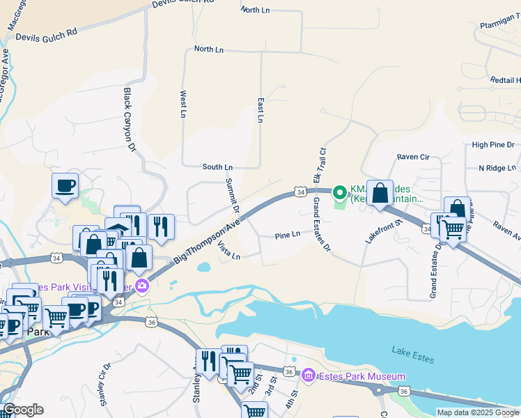 map of restaurants, bars, coffee shops, grocery stores, and more near 1000 Big Thompson Ave in Estes Park
