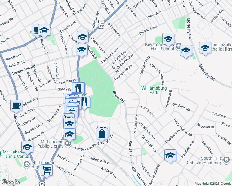 map of restaurants, bars, coffee shops, grocery stores, and more near 754 Scott Road in Pittsburgh