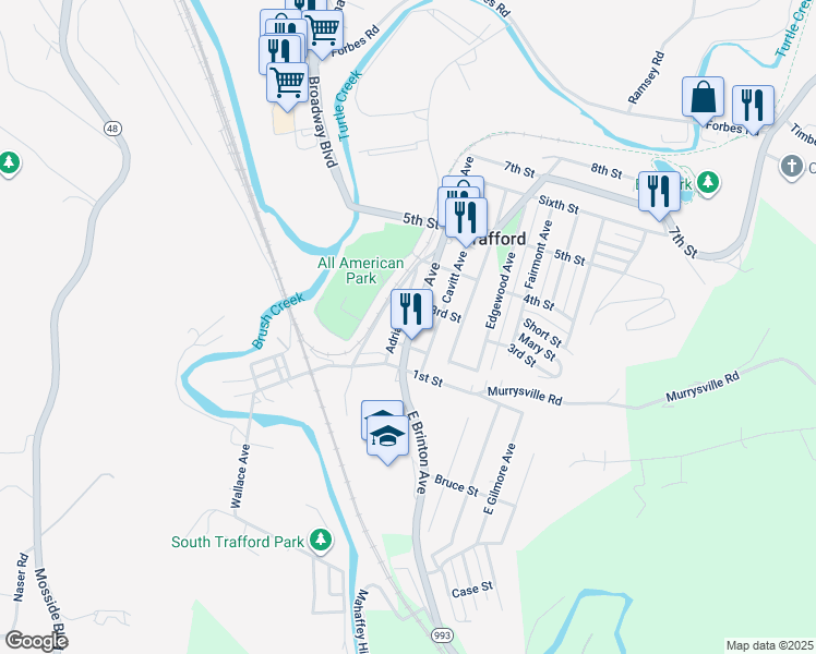 map of restaurants, bars, coffee shops, grocery stores, and more near 215 Brinton Avenue in Trafford