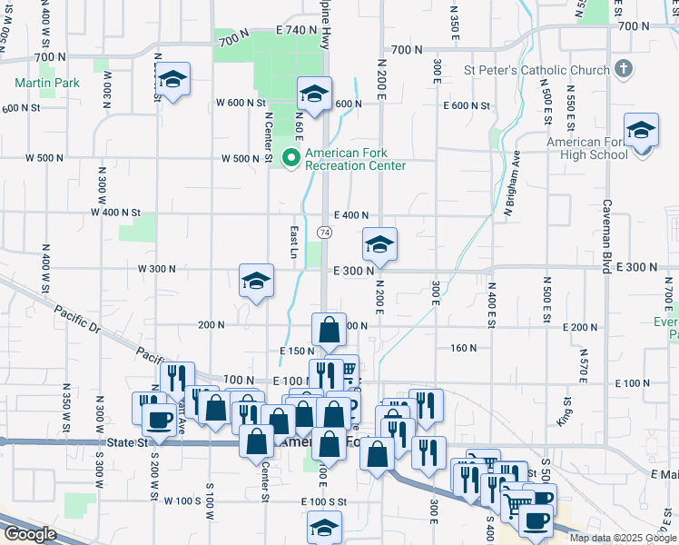 map of restaurants, bars, coffee shops, grocery stores, and more near 120 East 300 North Street in American Fork