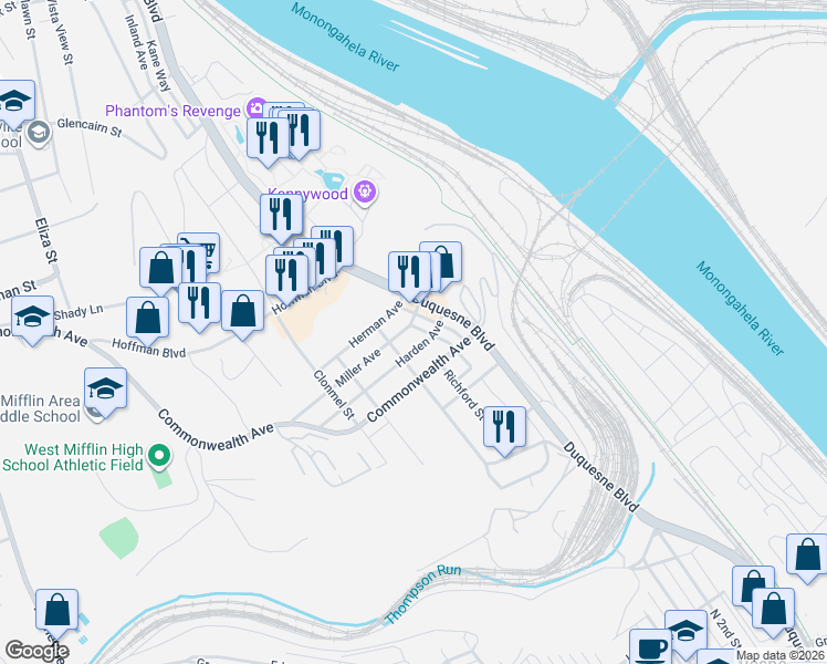 map of restaurants, bars, coffee shops, grocery stores, and more near 101 Miller Ave in Duquesne