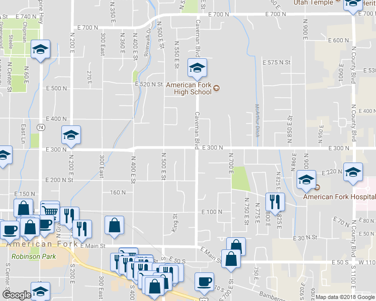 map of restaurants, bars, coffee shops, grocery stores, and more near 290 Robinson Avenue in American Fork