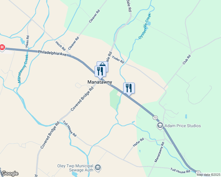 map of restaurants, bars, coffee shops, grocery stores, and more near 2676 West Philadelphia Avenue in Oley