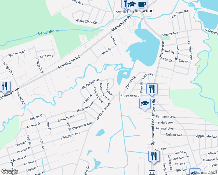 map of restaurants, bars, coffee shops, grocery stores, and more near 17 Mayberry Avenue in Monroe Township