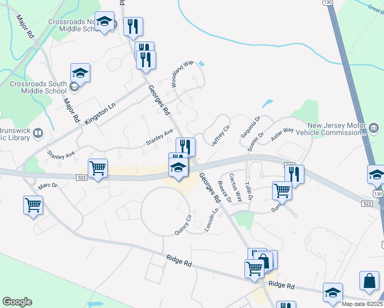 map of restaurants, bars, coffee shops, grocery stores, and more near 484 Georges Road in South Brunswick Township