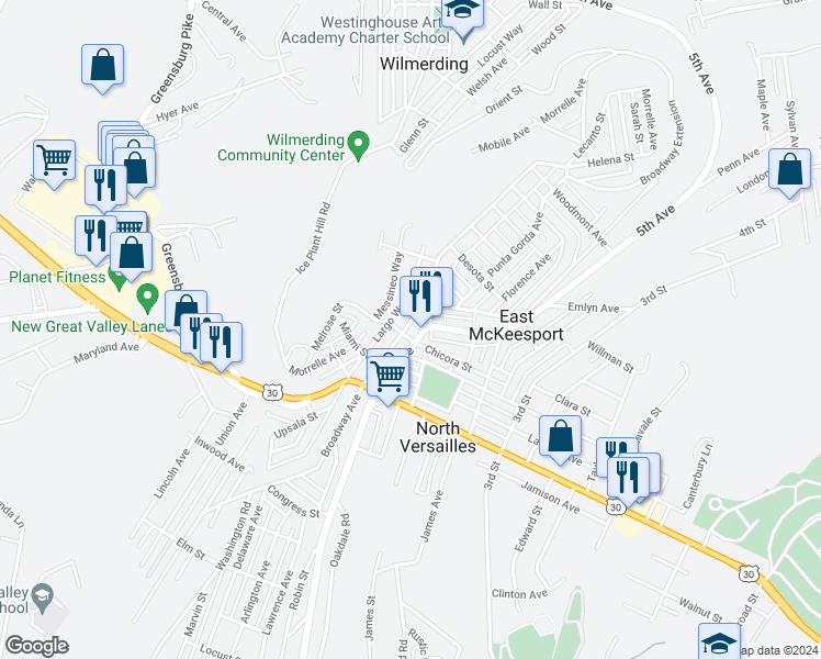 map of restaurants, bars, coffee shops, grocery stores, and more near 1027 Broadway Avenue in East McKeesport