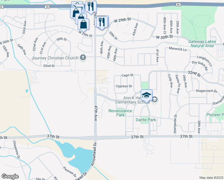 map of restaurants, bars, coffee shops, grocery stores, and more near 3311 San Mateo Avenue in Evans