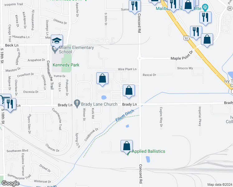 map of restaurants, bars, coffee shops, grocery stores, and more near 3164 Pheasant Run Drive in Lafayette