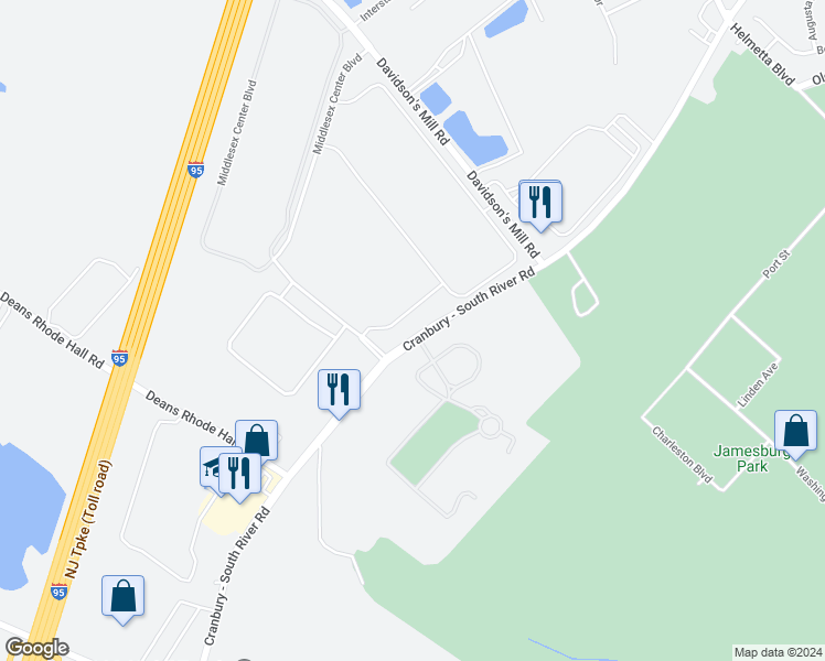 map of restaurants, bars, coffee shops, grocery stores, and more near 837 Cranbury South River Road in Monroe Township