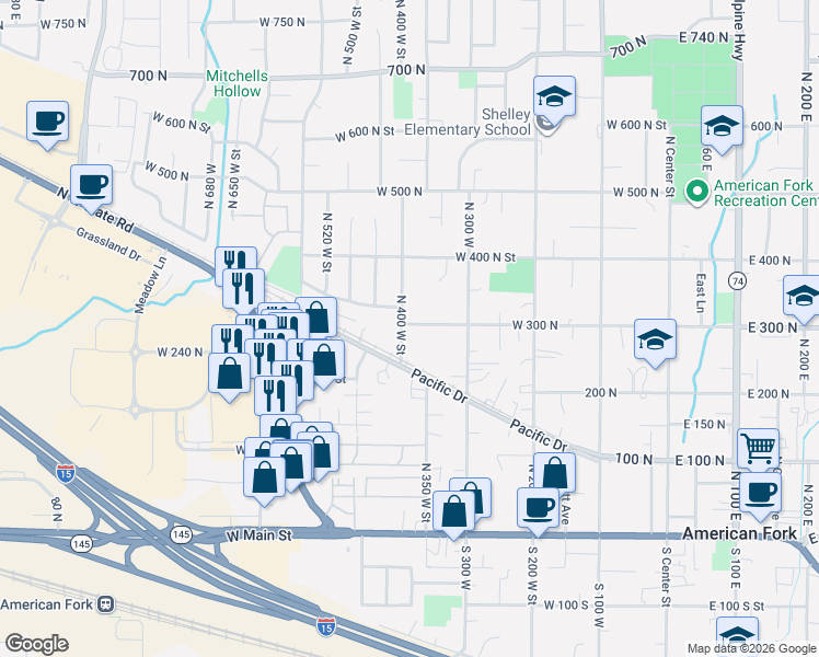map of restaurants, bars, coffee shops, grocery stores, and more near 371 West 300 North in American Fork