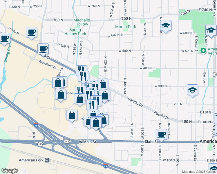 map of restaurants, bars, coffee shops, grocery stores, and more near 485 Pacific Drive in American Fork