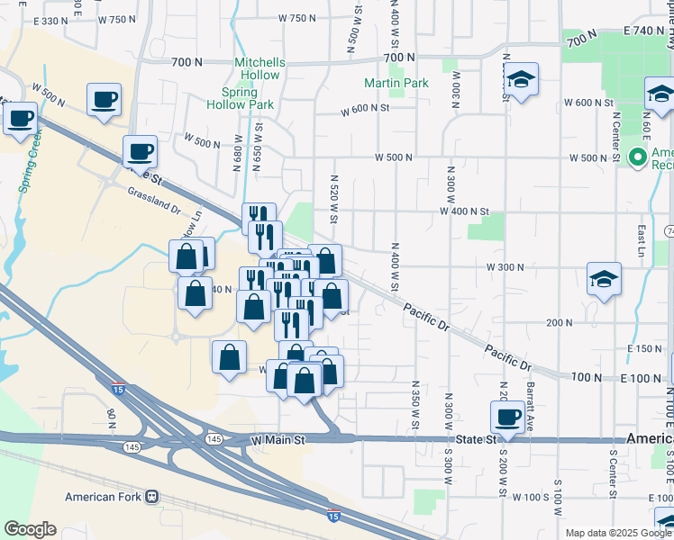 map of restaurants, bars, coffee shops, grocery stores, and more near 485 Pacific Drive in American Fork