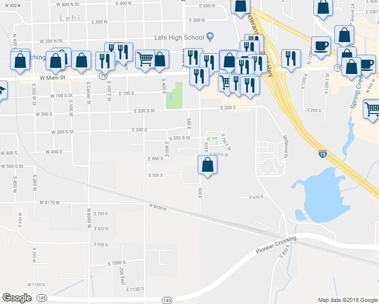 map of restaurants, bars, coffee shops, grocery stores, and more near 416 600 East in Lehi