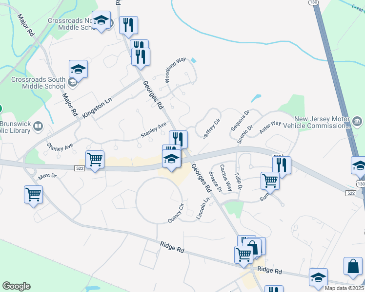 map of restaurants, bars, coffee shops, grocery stores, and more near 484 Georges Road in South Brunswick Township