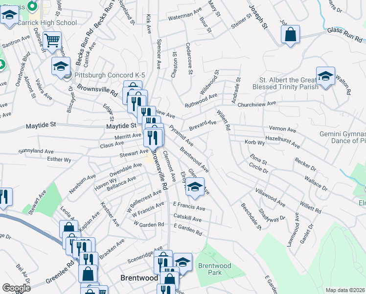 map of restaurants, bars, coffee shops, grocery stores, and more near 2927 Brentwood Avenue in Pittsburgh