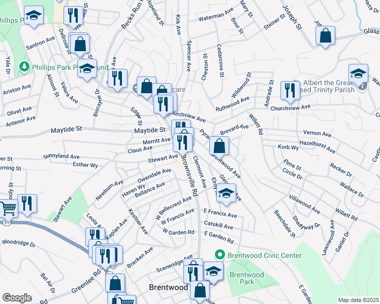 map of restaurants, bars, coffee shops, grocery stores, and more near 2845 Glendale Avenue in Pittsburgh