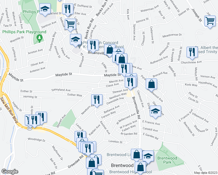 map of restaurants, bars, coffee shops, grocery stores, and more near 109 Claus Avenue in Pittsburgh