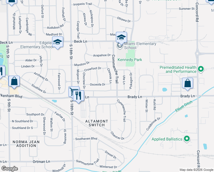 map of restaurants, bars, coffee shops, grocery stores, and more near 2205 Osceola Drive in Lafayette