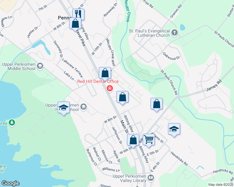 map of restaurants, bars, coffee shops, grocery stores, and more near 906 Main Street in Red Hill