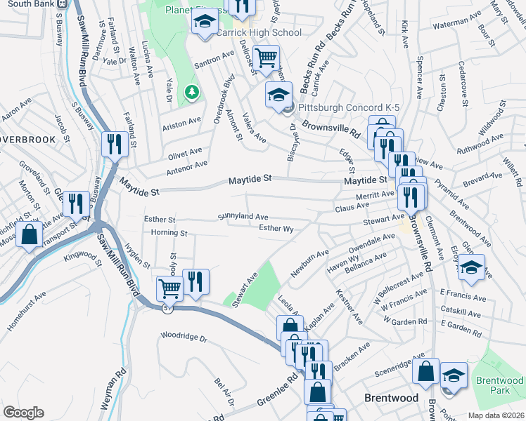 map of restaurants, bars, coffee shops, grocery stores, and more near 334 Sunnyland Avenue in Pittsburgh