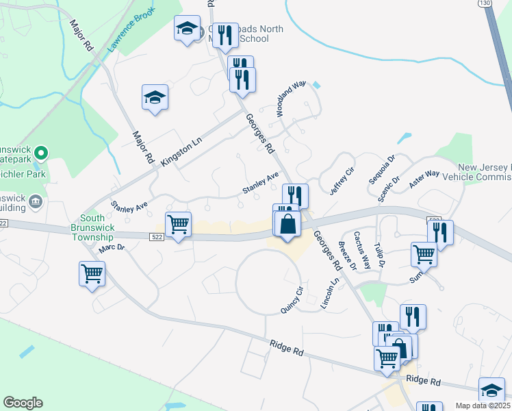 map of restaurants, bars, coffee shops, grocery stores, and more near 30 Gary Court in South Brunswick Township