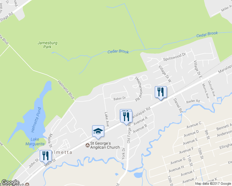 map of restaurants, bars, coffee shops, grocery stores, and more near 15 Borghaus Road in Helmetta