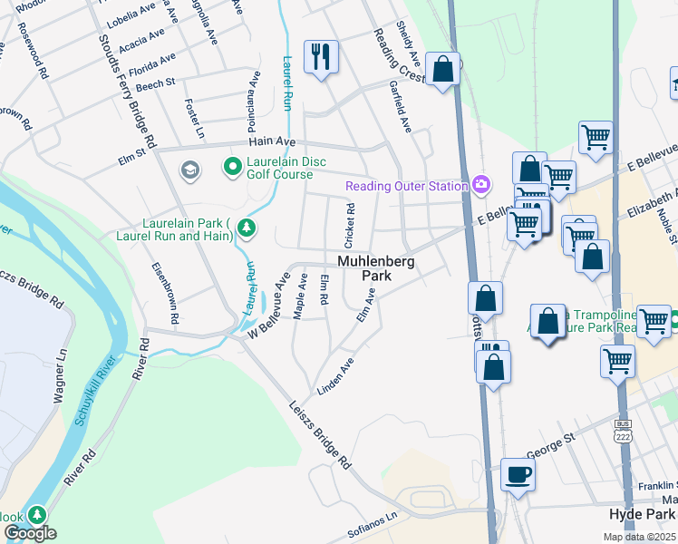 map of restaurants, bars, coffee shops, grocery stores, and more near 3048 Red Oak Road in Reading