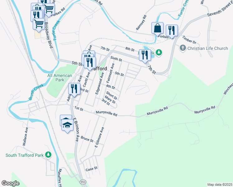 map of restaurants, bars, coffee shops, grocery stores, and more near 352 Catherine Street in Trafford
