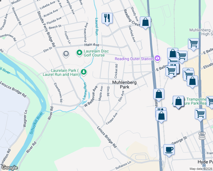 map of restaurants, bars, coffee shops, grocery stores, and more near 520 West Bellevue Avenue in Reading