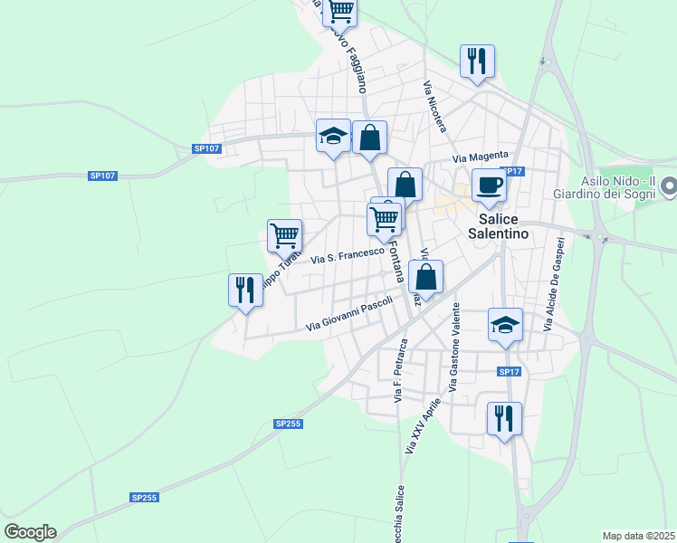 map of restaurants, bars, coffee shops, grocery stores, and more near 40 Via San Francesco in Salice Salentino