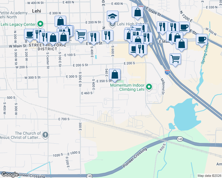 map of restaurants, bars, coffee shops, grocery stores, and more near 416 600 East in Lehi