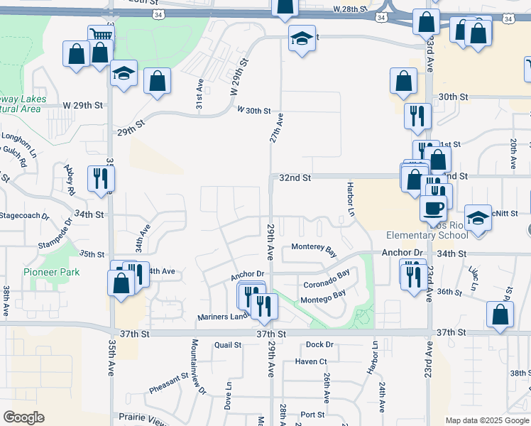 map of restaurants, bars, coffee shops, grocery stores, and more near 3390 Sheltered Harbor Drive in Evans