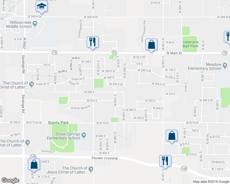 map of restaurants, bars, coffee shops, grocery stores, and more near 398 South 1500 West in Lehi
