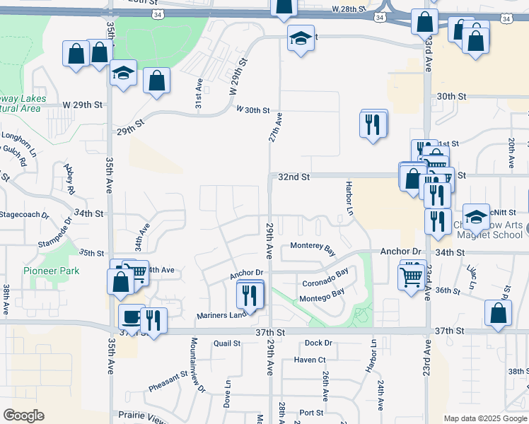 map of restaurants, bars, coffee shops, grocery stores, and more near 3390 Sheltered Harbor Drive in Evans