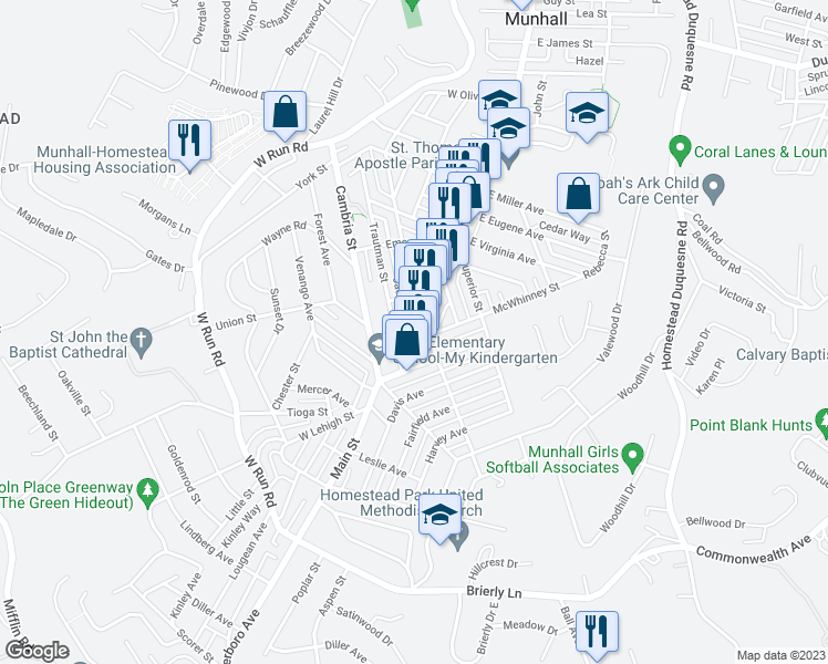 map of restaurants, bars, coffee shops, grocery stores, and more near 3826 Grace Street in Munhall