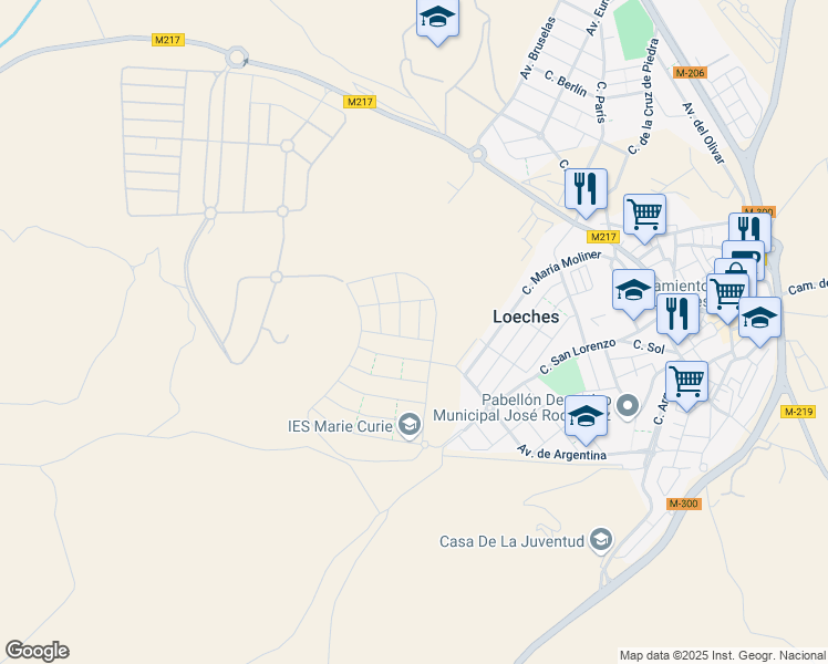 map of restaurants, bars, coffee shops, grocery stores, and more near 377R Calle Roma in Loeches