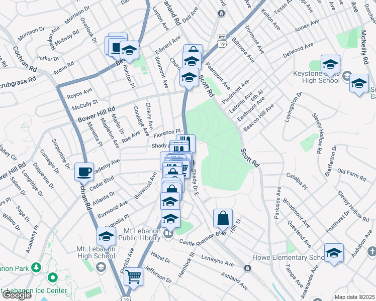 map of restaurants, bars, coffee shops, grocery stores, and more near in Mount Lebanon