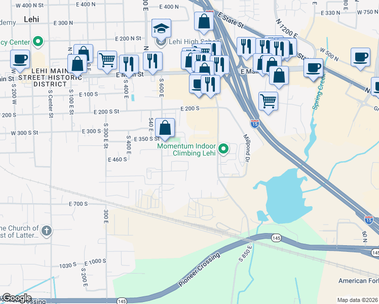 map of restaurants, bars, coffee shops, grocery stores, and more near 398 South 730 East in Lehi