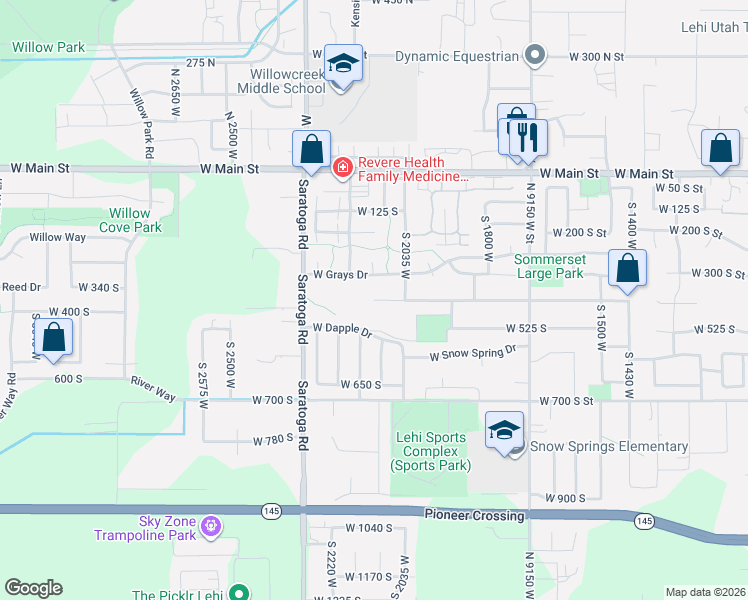 map of restaurants, bars, coffee shops, grocery stores, and more near 2367 West 400 South Street in Lehi