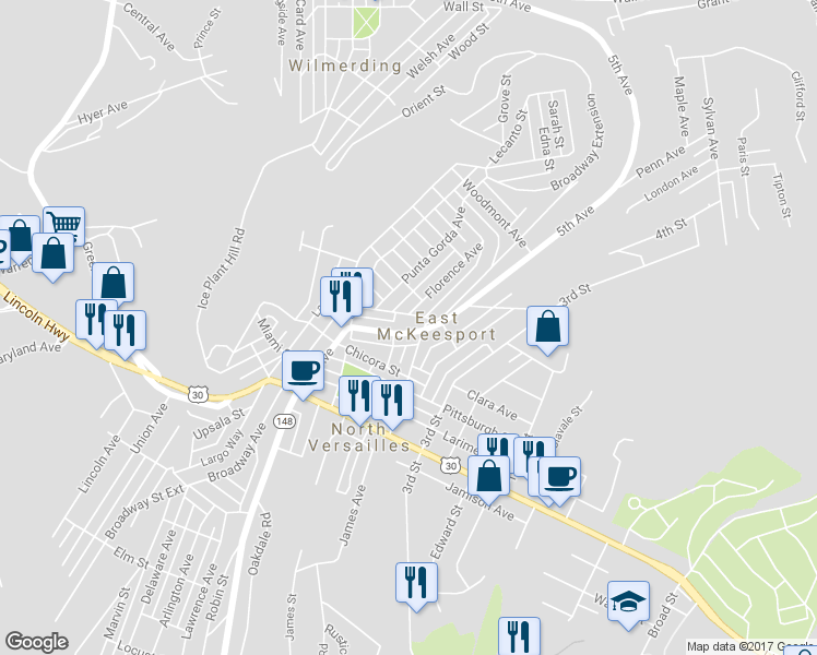 map of restaurants, bars, coffee shops, grocery stores, and more near 936 5th Avenue in East McKeesport