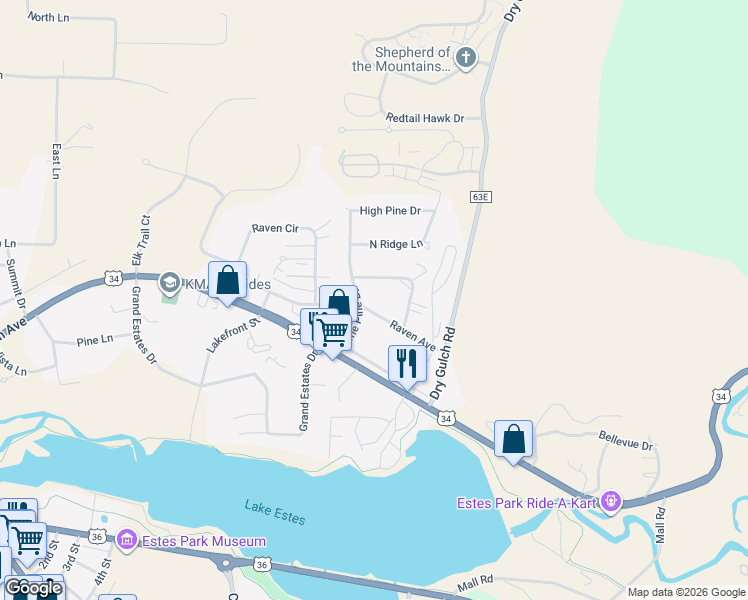 map of restaurants, bars, coffee shops, grocery stores, and more near 1725 Raven Avenue in Estes Park