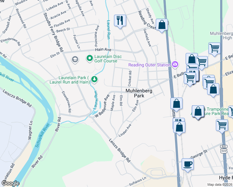 map of restaurants, bars, coffee shops, grocery stores, and more near 520 West Bellevue Avenue in Reading