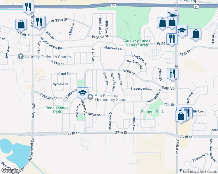 map of restaurants, bars, coffee shops, grocery stores, and more near 3400 Cody Avenue in Evans