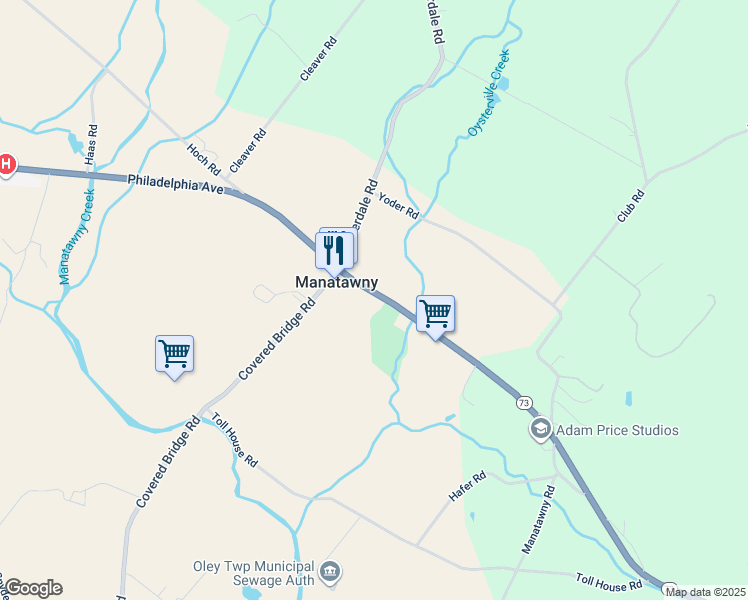 map of restaurants, bars, coffee shops, grocery stores, and more near 2676 West Philadelphia Avenue in Oley