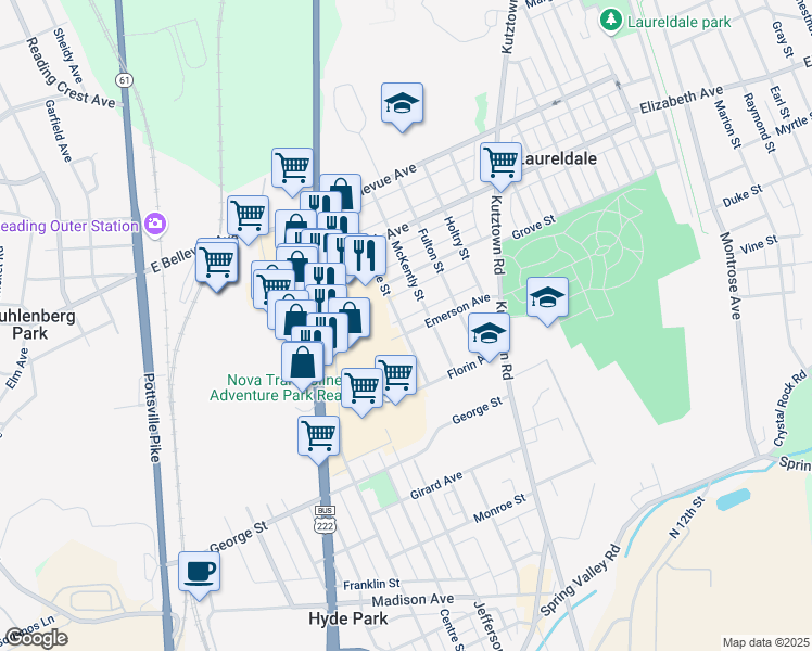 map of restaurants, bars, coffee shops, grocery stores, and more near 501 Emerson Avenue in Laureldale