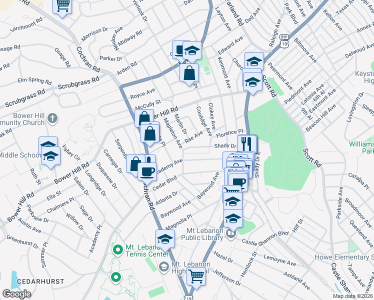 map of restaurants, bars, coffee shops, grocery stores, and more near 143 Shady Drive West in Pittsburgh