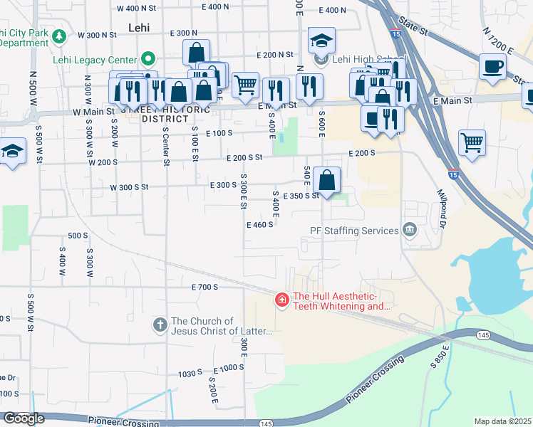 map of restaurants, bars, coffee shops, grocery stores, and more near 397 South 370 East Street in Lehi